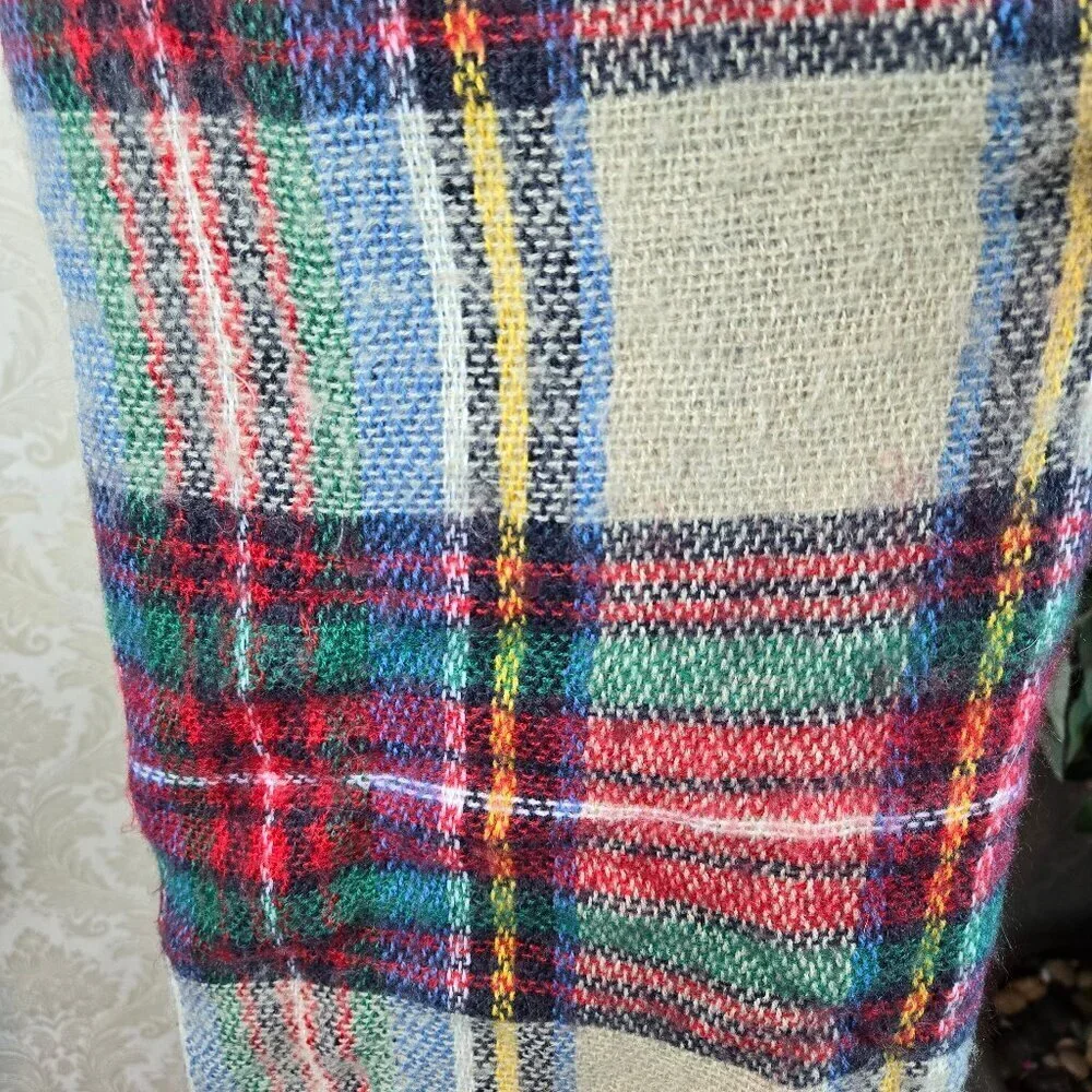 Large Square Plaid Blanket Scarf Red Green Cream Yellow Fringed Edges